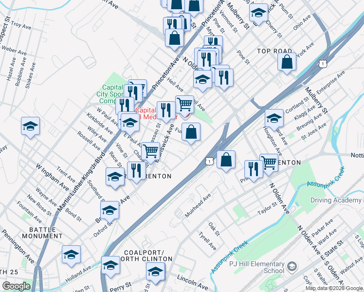 map of restaurants, bars, coffee shops, grocery stores, and more near 69 Phillips Avenue in Trenton