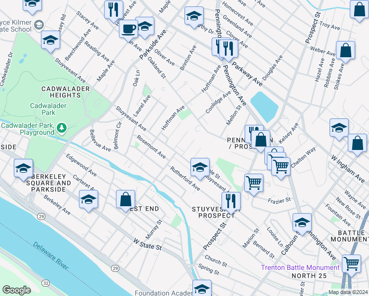 map of restaurants, bars, coffee shops, grocery stores, and more near 25 Edgemere Avenue in Trenton