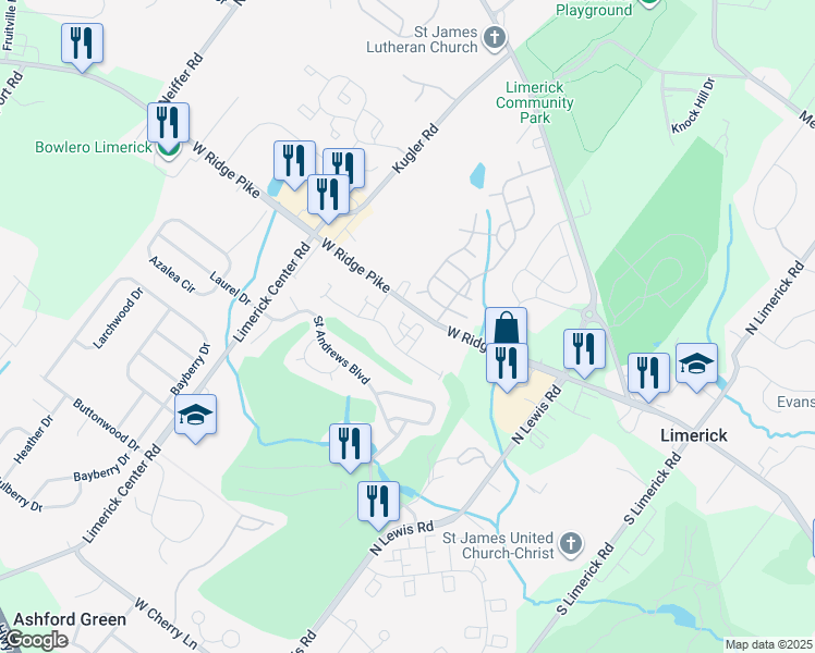 map of restaurants, bars, coffee shops, grocery stores, and more near 1402 Richards Court in Royersford