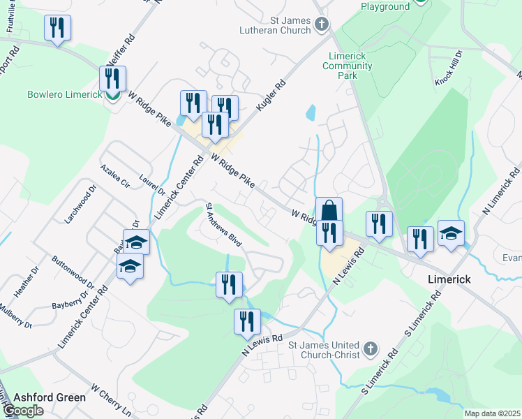 map of restaurants, bars, coffee shops, grocery stores, and more near 1402 Richards Court in Royersford
