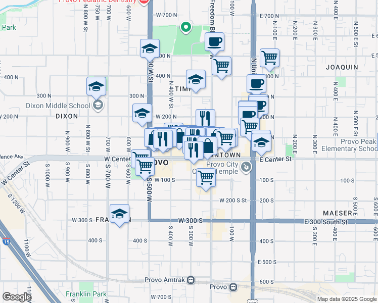 map of restaurants, bars, coffee shops, grocery stores, and more near 330 West Center Street in Provo