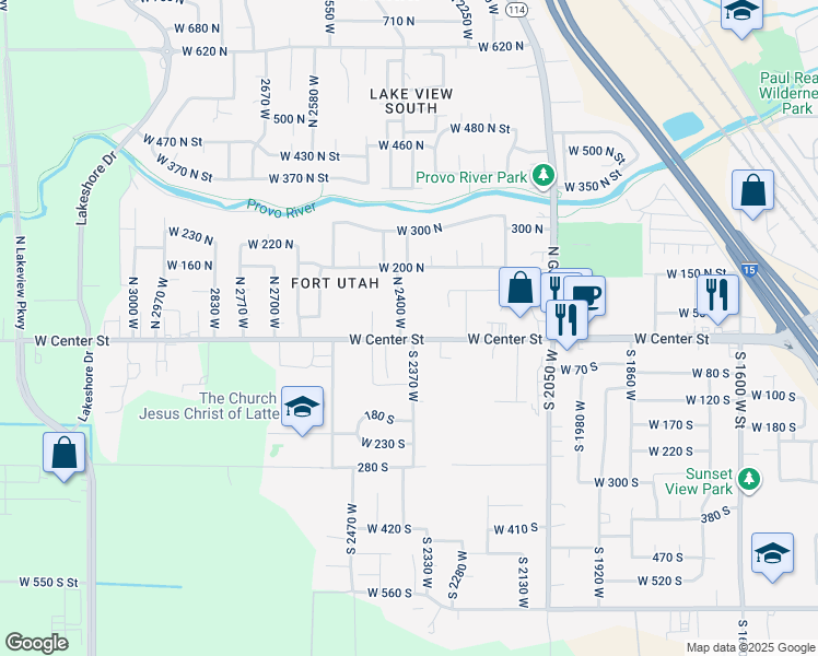 map of restaurants, bars, coffee shops, grocery stores, and more near 2374 West Center Street in Provo