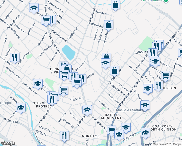 map of restaurants, bars, coffee shops, grocery stores, and more near 599 West Ingham Avenue in Trenton