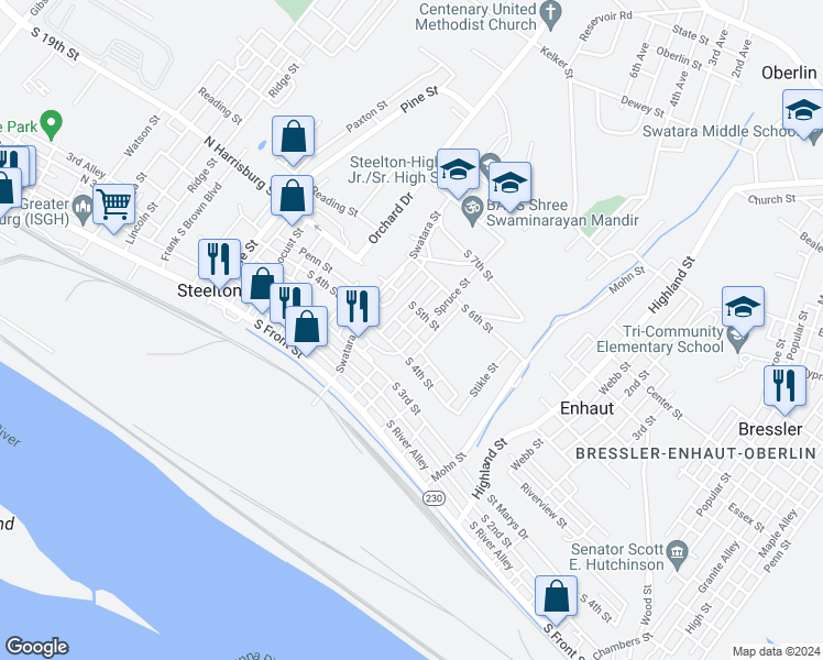 map of restaurants, bars, coffee shops, grocery stores, and more near 333 Spruce Street in Harrisburg