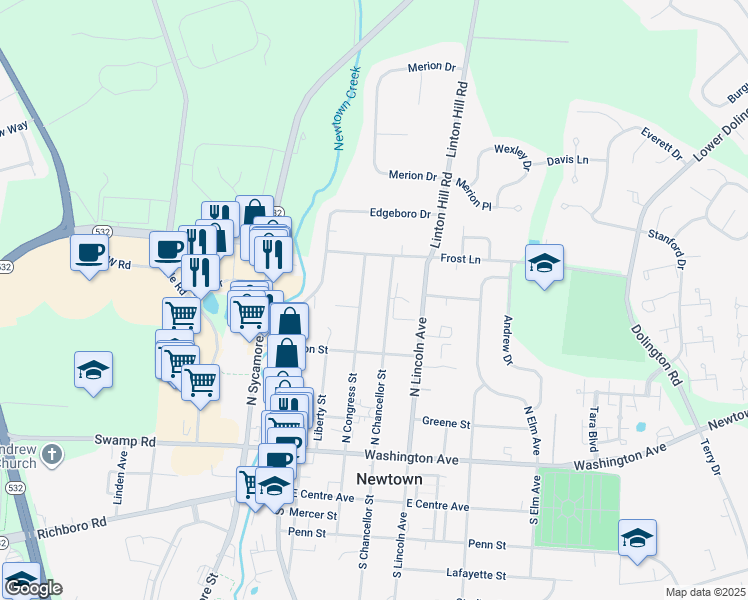 map of restaurants, bars, coffee shops, grocery stores, and more near 226 North Chancellor Street in Newtown