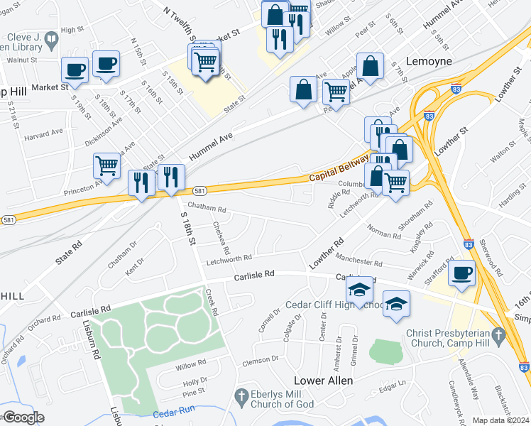 map of restaurants, bars, coffee shops, grocery stores, and more near 1508 Chatham Road in Camp Hill