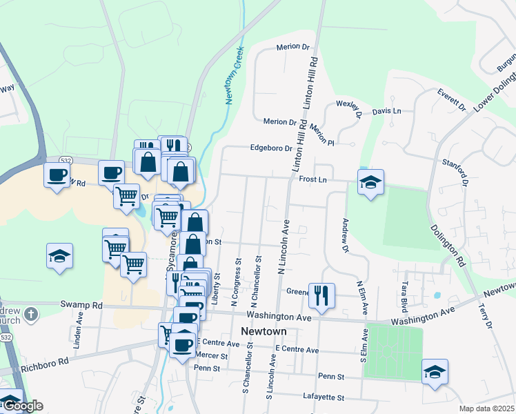 map of restaurants, bars, coffee shops, grocery stores, and more near 226 North Chancellor Street in Newtown