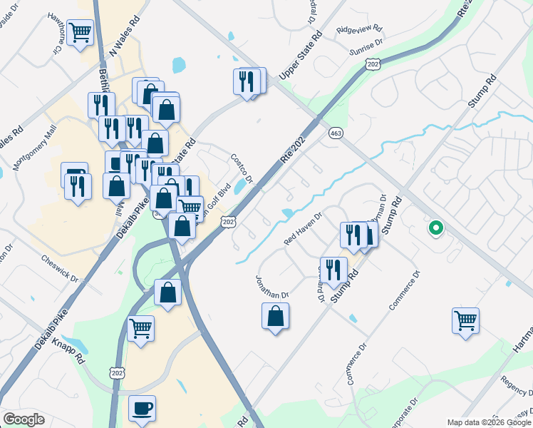 map of restaurants, bars, coffee shops, grocery stores, and more near 401 Jene Court in North Wales