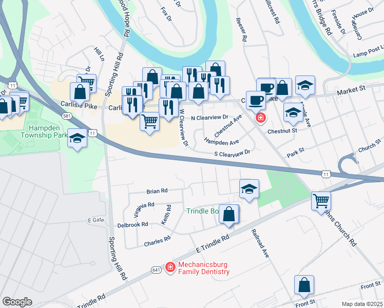 map of restaurants, bars, coffee shops, grocery stores, and more near 128 West Clearview Drive in Camp Hill
