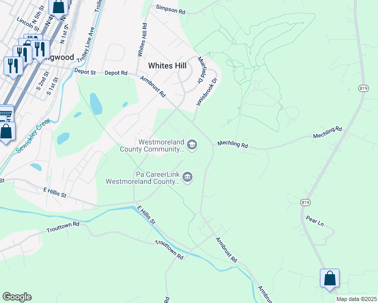 map of restaurants, bars, coffee shops, grocery stores, and more near 140 Pavilion Lane in Youngwood