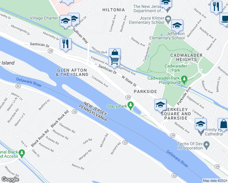 map of restaurants, bars, coffee shops, grocery stores, and more near 114 Lee Avenue in Trenton