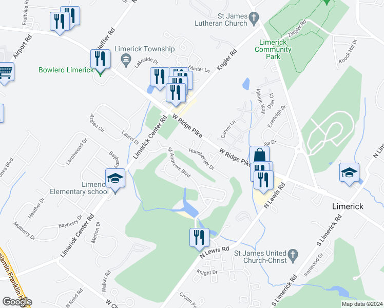 map of restaurants, bars, coffee shops, grocery stores, and more near 502 Hunsberger Drive in Royersford
