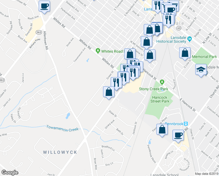 map of restaurants, bars, coffee shops, grocery stores, and more near 628 Rosemont Avenue in Lansdale