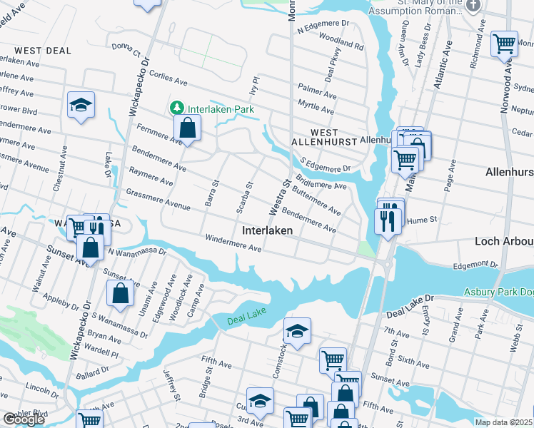 map of restaurants, bars, coffee shops, grocery stores, and more near 21 Westra Street in Interlaken