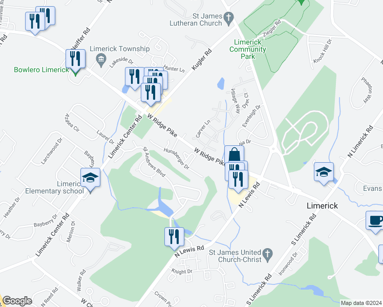 map of restaurants, bars, coffee shops, grocery stores, and more near 1604 Richards Court in Royersford