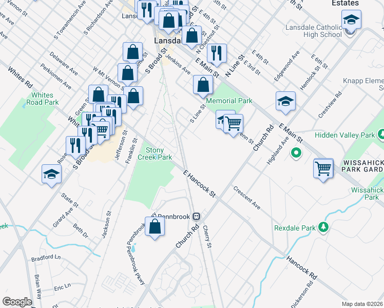 map of restaurants, bars, coffee shops, grocery stores, and more near 333 South Line Street in Lansdale