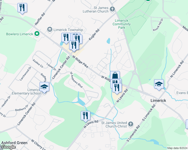 map of restaurants, bars, coffee shops, grocery stores, and more near 1605 Richards Court in Royersford