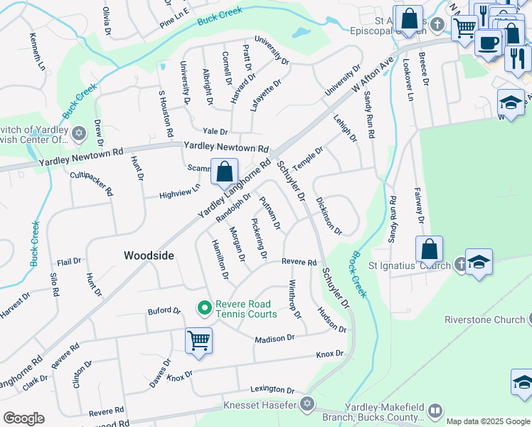 map of restaurants, bars, coffee shops, grocery stores, and more near 938 Pickering Drive in Yardley