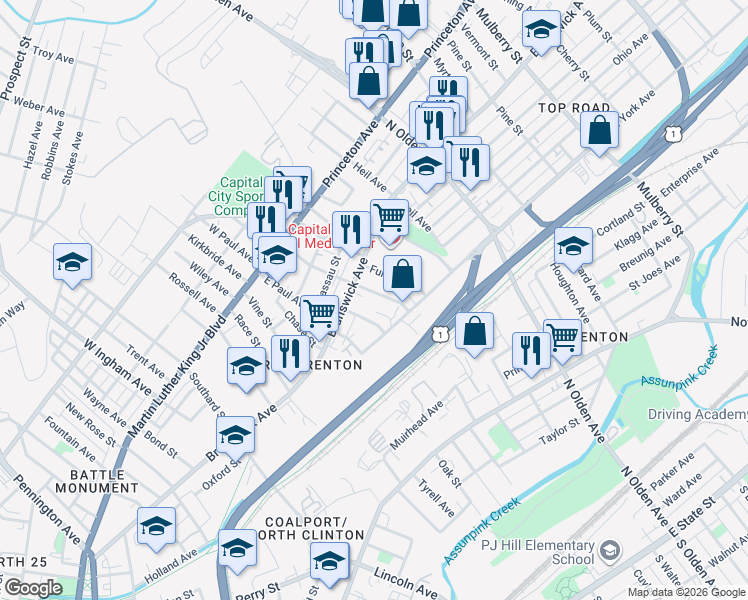 map of restaurants, bars, coffee shops, grocery stores, and more near 69 Phillips Avenue in Trenton