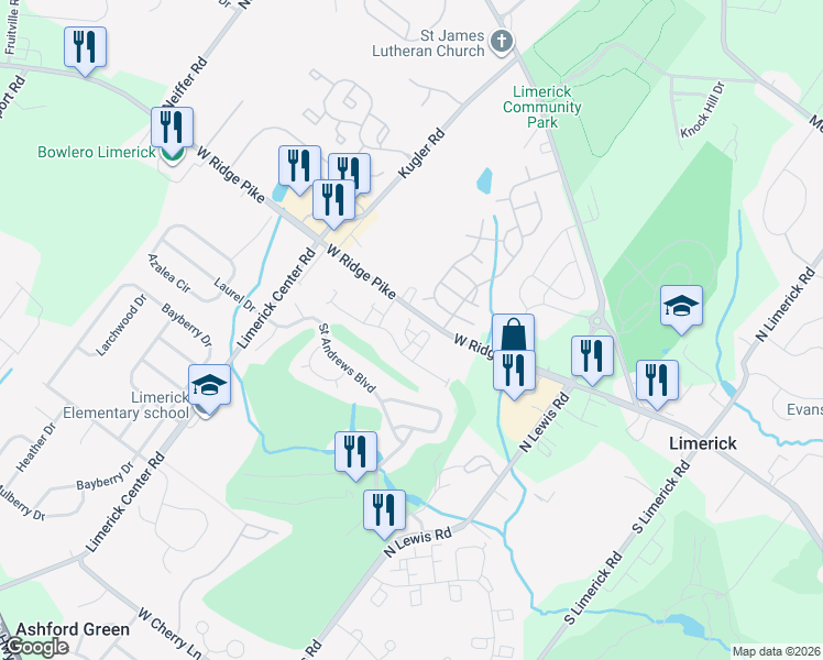 map of restaurants, bars, coffee shops, grocery stores, and more near 1507 Richards Court in Royersford