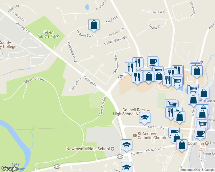 map of restaurants, bars, coffee shops, grocery stores, and more near 127 Parkview Way in Newtown