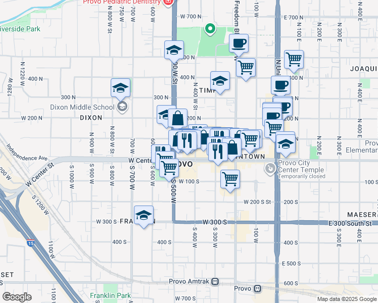 map of restaurants, bars, coffee shops, grocery stores, and more near 466 West Center Street in Provo