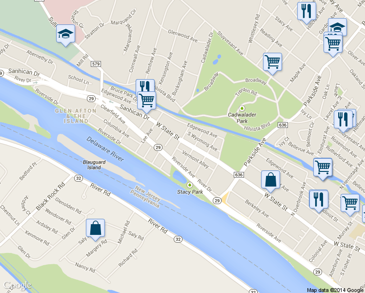 map of restaurants, bars, coffee shops, grocery stores, and more near 1355 West State Street in Trenton