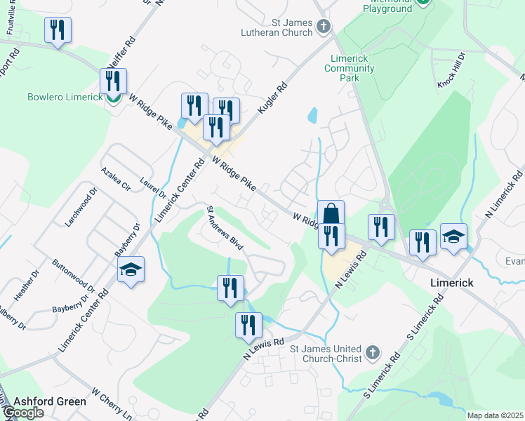map of restaurants, bars, coffee shops, grocery stores, and more near 1402 Richards Court in Royersford