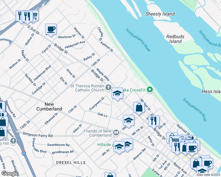 map of restaurants, bars, coffee shops, grocery stores, and more near 1412 Bridge Street in New Cumberland