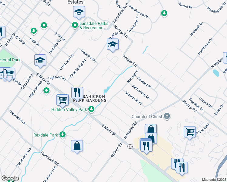 map of restaurants, bars, coffee shops, grocery stores, and more near 412 Norway Dr in Lansdale
