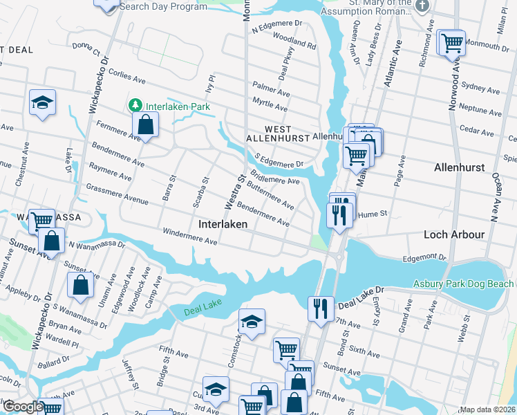 map of restaurants, bars, coffee shops, grocery stores, and more near 301 Bendermere Avenue in Interlaken