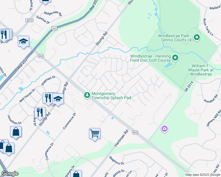map of restaurants, bars, coffee shops, grocery stores, and more near 283 Winding Brook Run in North Wales