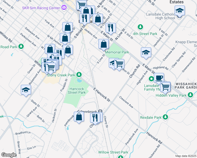 map of restaurants, bars, coffee shops, grocery stores, and more near 333 South Line Street in Lansdale