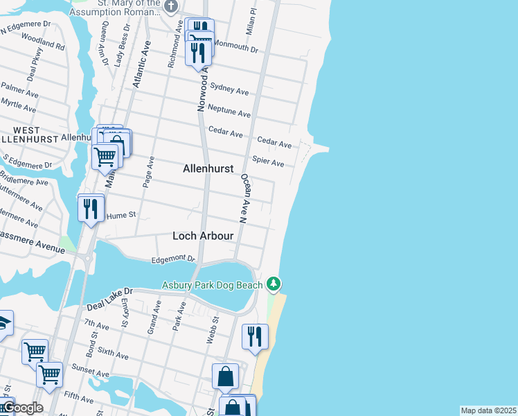 map of restaurants, bars, coffee shops, grocery stores, and more near 24 Allen Avenue in Allenhurst