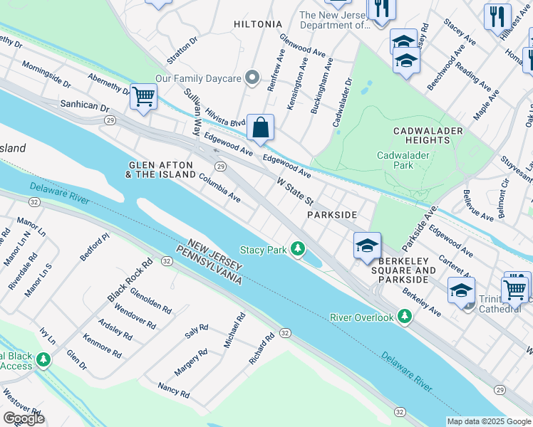 map of restaurants, bars, coffee shops, grocery stores, and more near 107 Laclede Avenue in Trenton