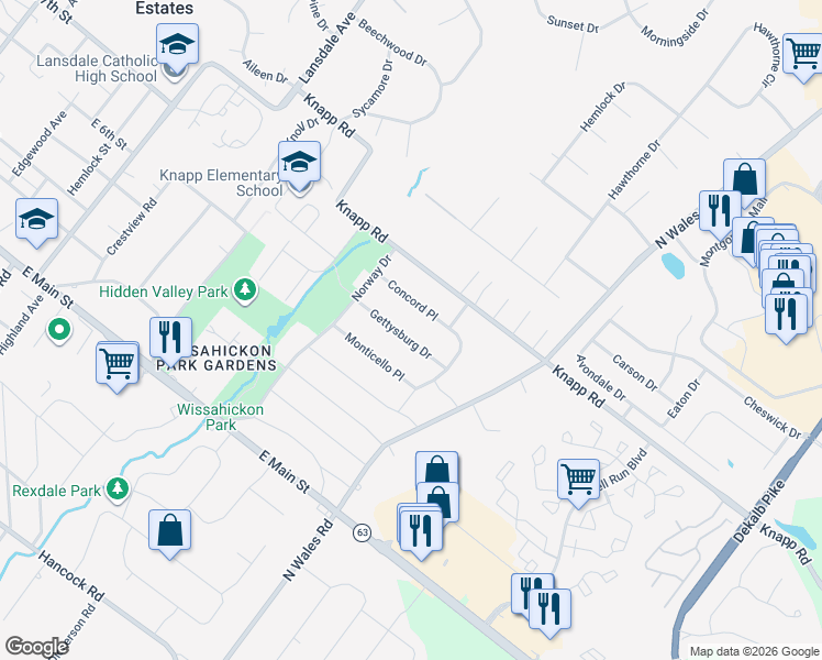 map of restaurants, bars, coffee shops, grocery stores, and more near 849 Gettysburg Drive in Lansdale