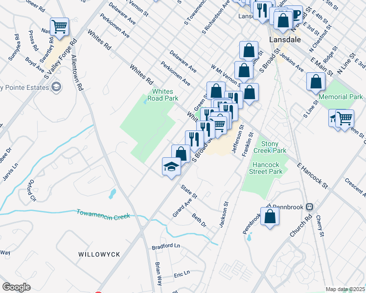 map of restaurants, bars, coffee shops, grocery stores, and more near 626 Rosemont Avenue in Lansdale