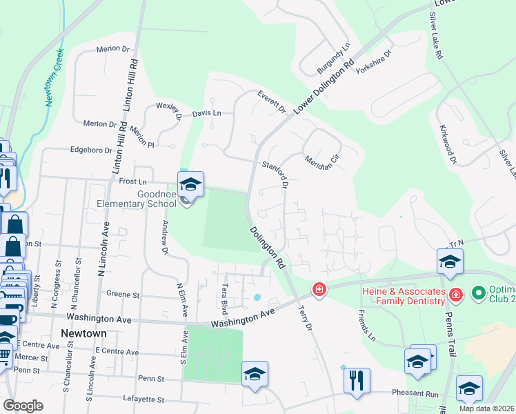 map of restaurants, bars, coffee shops, grocery stores, and more near 425 Trumbull Court in Newtown