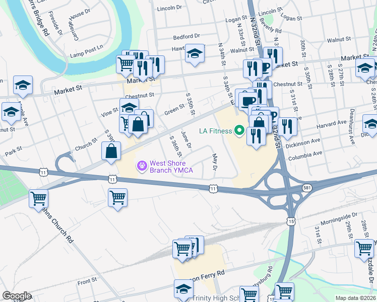 map of restaurants, bars, coffee shops, grocery stores, and more near 114 June Drive in Camp Hill