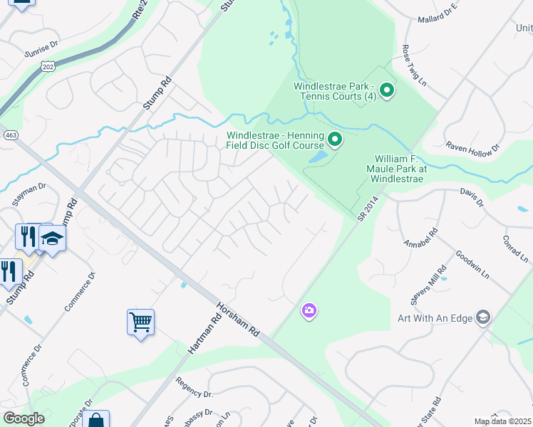map of restaurants, bars, coffee shops, grocery stores, and more near 346 Stream View Drive in North Wales
