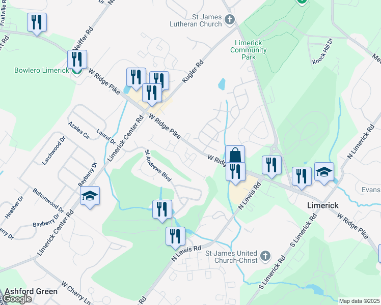 map of restaurants, bars, coffee shops, grocery stores, and more near 1606 Richards Court in Royersford