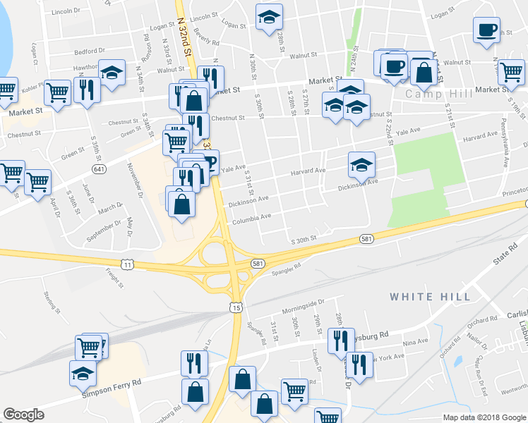 map of restaurants, bars, coffee shops, grocery stores, and more near 3020 Columbia Avenue in Camp Hill