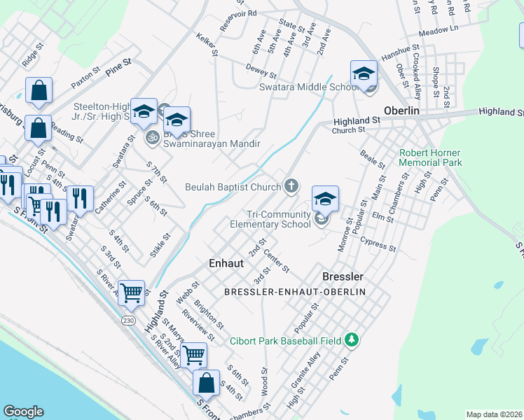 map of restaurants, bars, coffee shops, grocery stores, and more near 672 Highland Street in Steelton