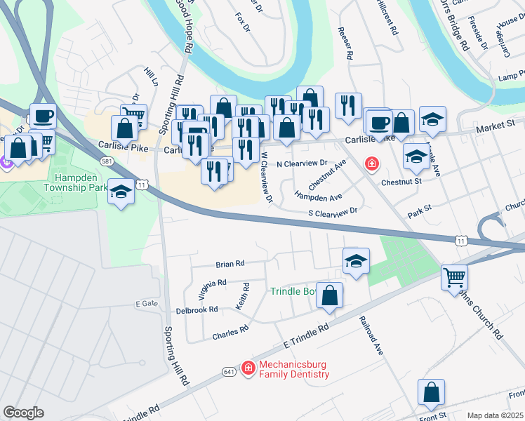 map of restaurants, bars, coffee shops, grocery stores, and more near 3 Linden Court in Camp Hill