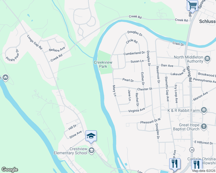 map of restaurants, bars, coffee shops, grocery stores, and more near 1900 Mary Ln in Carlisle