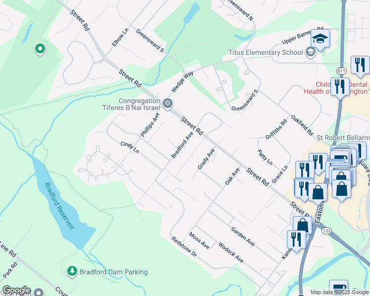 map of restaurants, bars, coffee shops, grocery stores, and more near 549 Bradford Avenue in Warrington