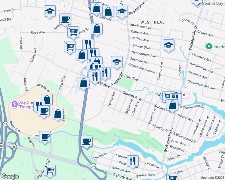map of restaurants, bars, coffee shops, grocery stores, and more near 3005 Sunset Avenue in Wanamassa