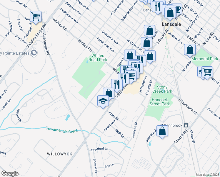 map of restaurants, bars, coffee shops, grocery stores, and more near 626 Rosemont Avenue in Lansdale