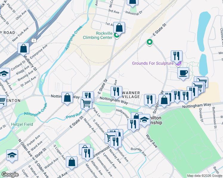 map of restaurants, bars, coffee shops, grocery stores, and more near 34 Victor Avenue in Hamilton Township