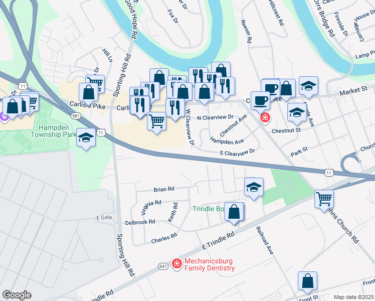 map of restaurants, bars, coffee shops, grocery stores, and more near 3 Linden Court in Camp Hill